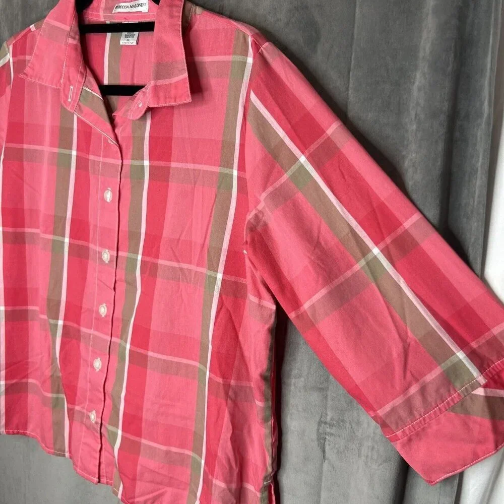 Rebecca Malone Top XL Casual Button Up 3/4 Sleeve Pink Plaid Blouse Collared - Picture 2 of 8